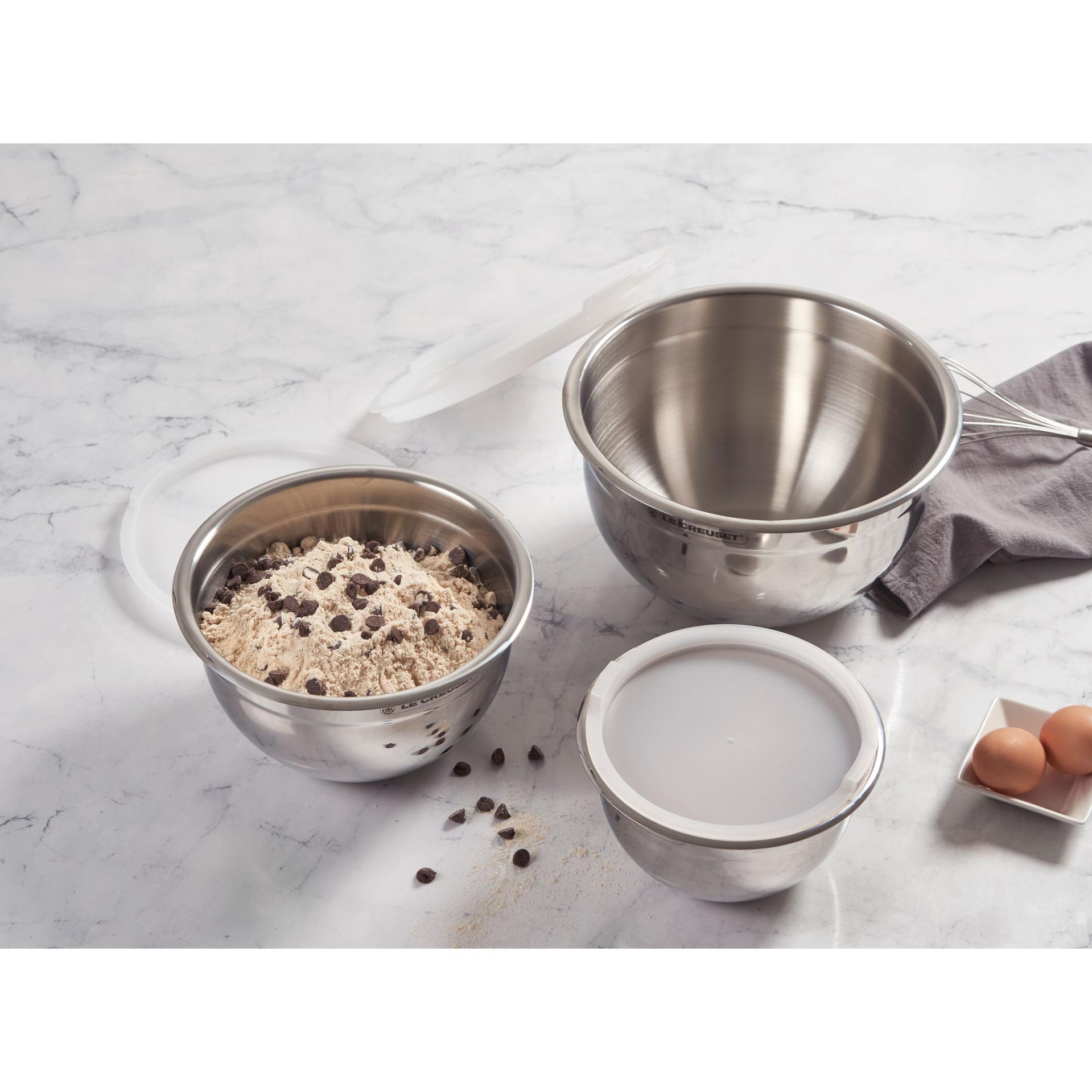 Le Creuset Set aus 3 Rührschüsseln aus Edelstahl mit Deckel